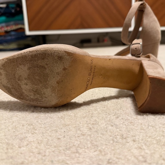 Manolo Blahnik Lausam Suede Block Heel Ankle Strap Shoes - Picture 7 of 12